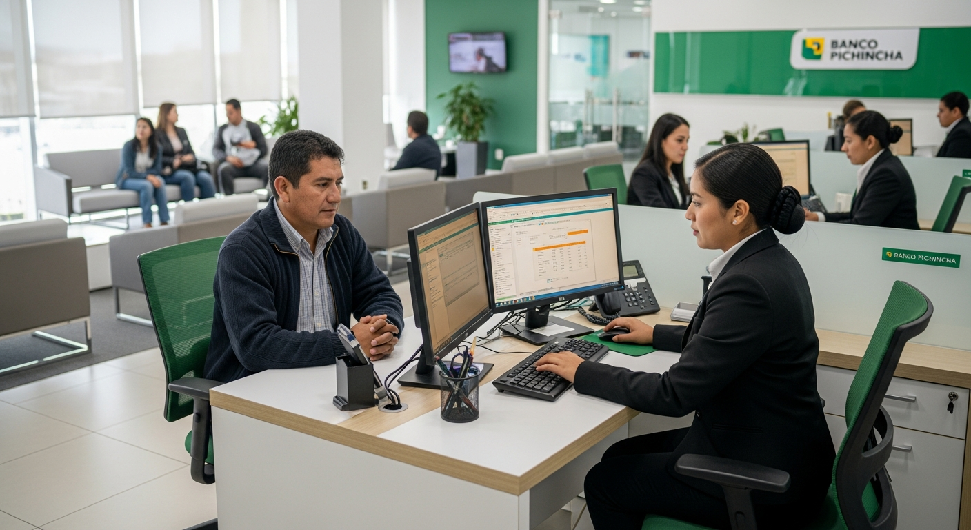 Asesor de Banco Pichincha gestionando microcrédito con Kata Suite en Ecuador