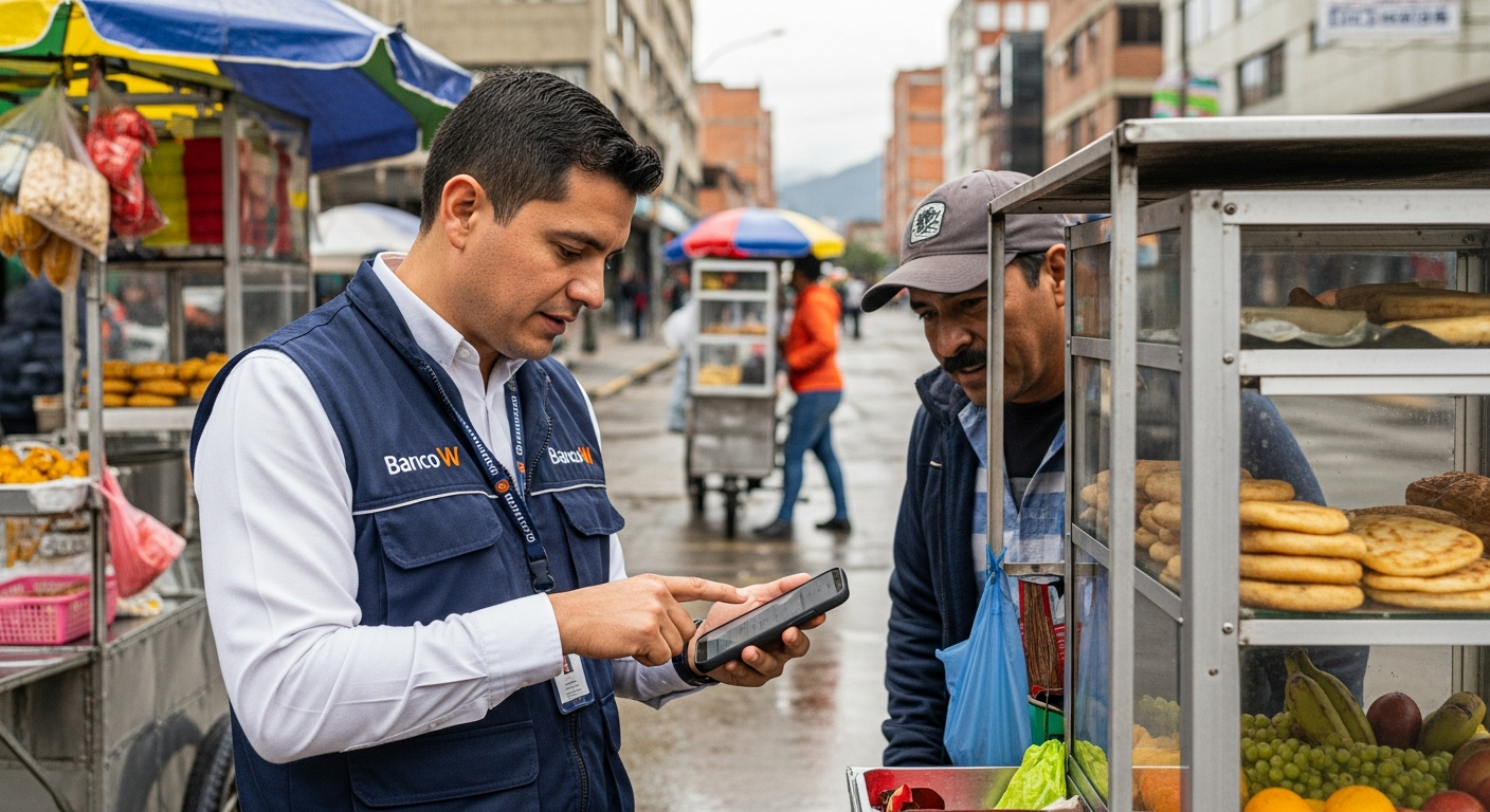Asesor de Banco W gestionando microcrédito con Kata Suite en Colombia